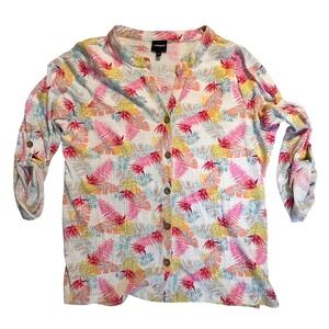 Wallpapher Womens Tropical Leaf Print Roll Tab Sleeve Button Up Blouse Pink L